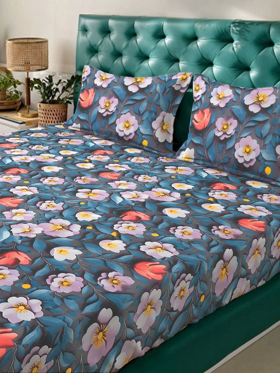 Myntra Elegant Homes Blue Floral 400 TC King Bedsheet with 2 Pillow Covers