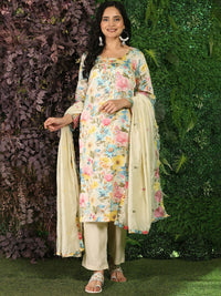 Mamicha Women Floral Printed Regular Thread Work Pure Cotton Kurta with Palazzos & With Dupatta