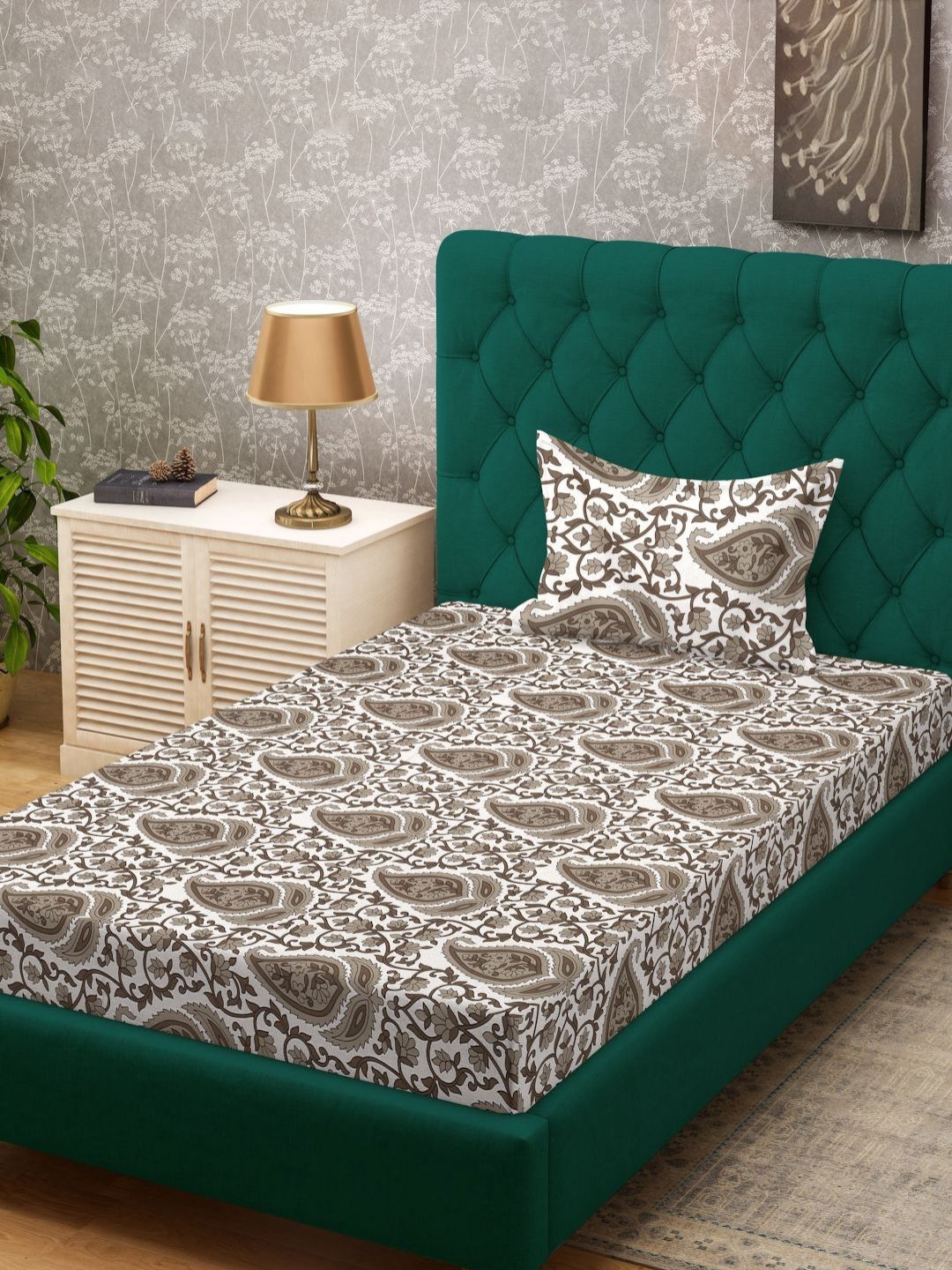 Myntra Elegant Homes Beige Floral Cotton 300 TC Single Cadar Superfine dengan Sarung Bantal-89 x 59 inci