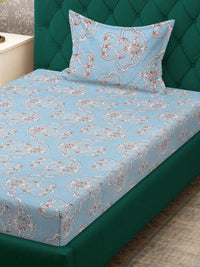 Aura Blue & White Ethnic Motifs 300 TC Single Bedsheet with 1 Pillow Cover
