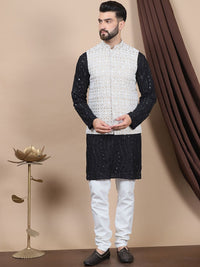 Anouk Floral Embroidered Sequinned Pure Cotton Straight Kurta With Churidar & Nehru Jacket