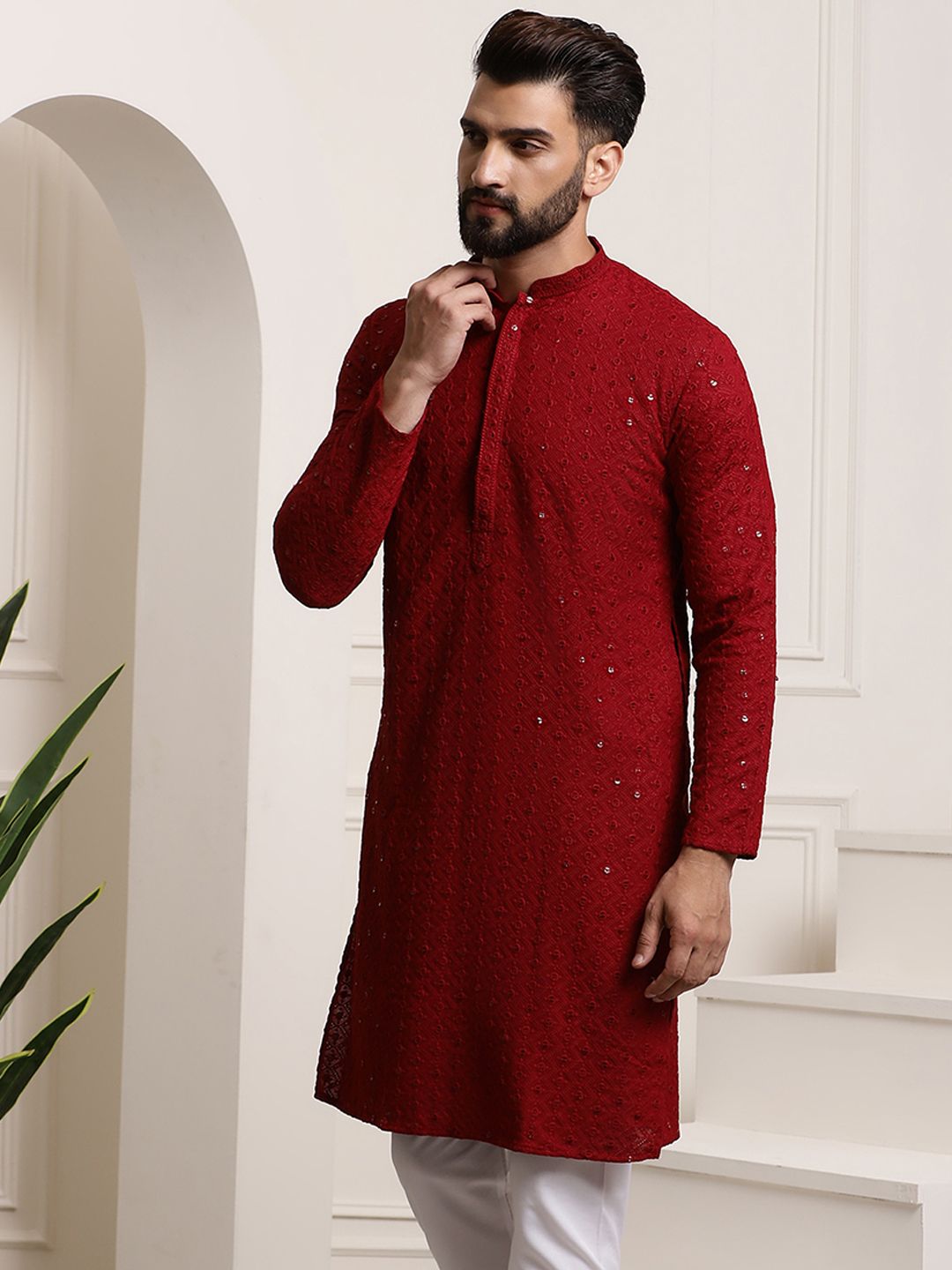 SOJANYA Geometric Embroidered Sequinned Straight Pure Cotton Kurta