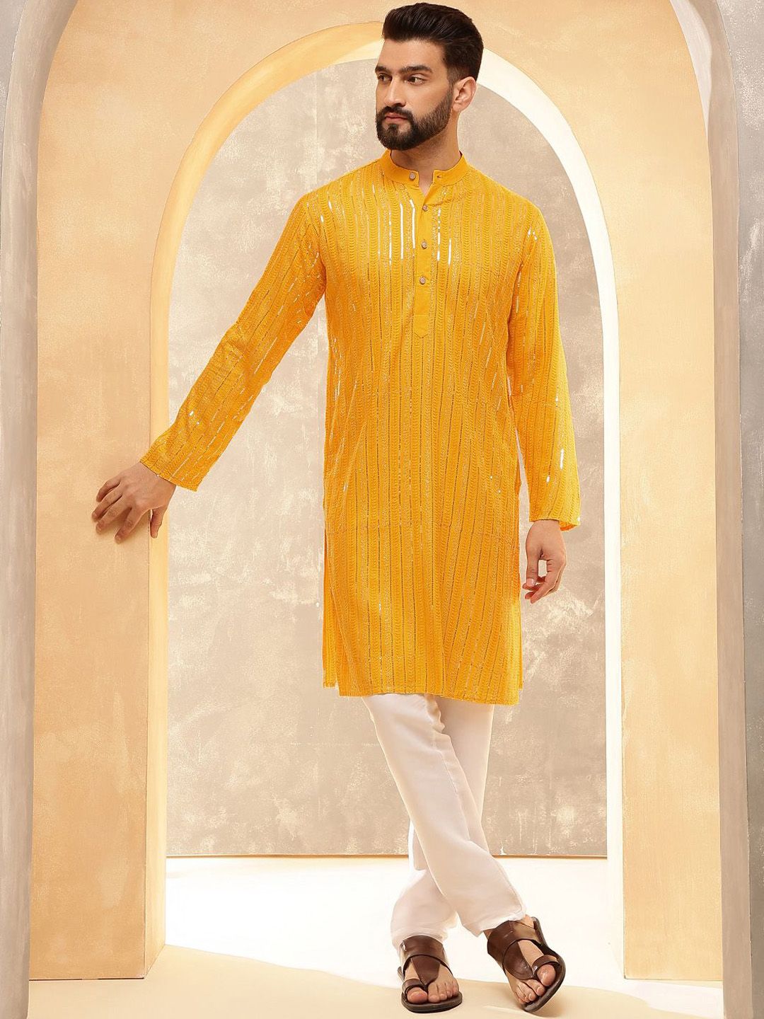 Anouk Mustard Geometric Embroidered Sequence Band Collar Cotton Straight Kurta