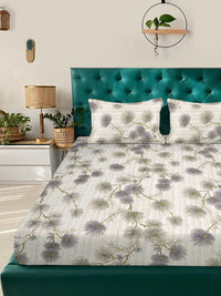 KLOTTHE Beige & Grey Floral 300 TC King Bedsheet with 2 Pillow Covers