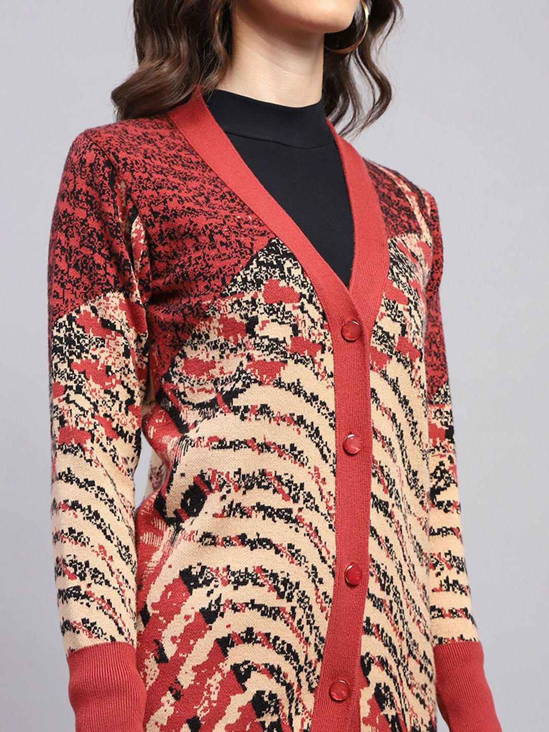 Monte Carlo Women Self Design V-Neck Long Sleeves Woollen Cardigan