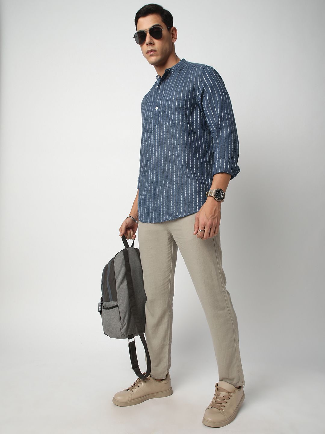 VASTRADO Pure Cotton Striped Mandarin Collar Dobby A-Line Short Kurta