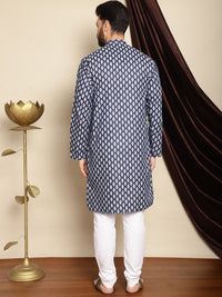Kurta Kolar Jalur Bercetak Motif Etnik Biru Laut Anouk dengan Churidar