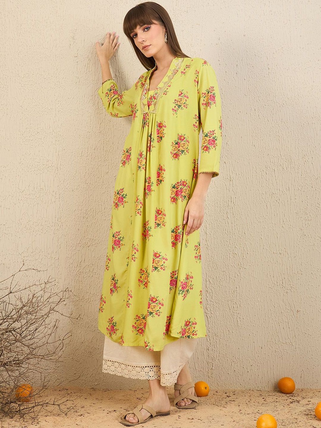 Indo Era Yellow Floral Embroidered V-Neck Zari Panelled A-Line Kurta