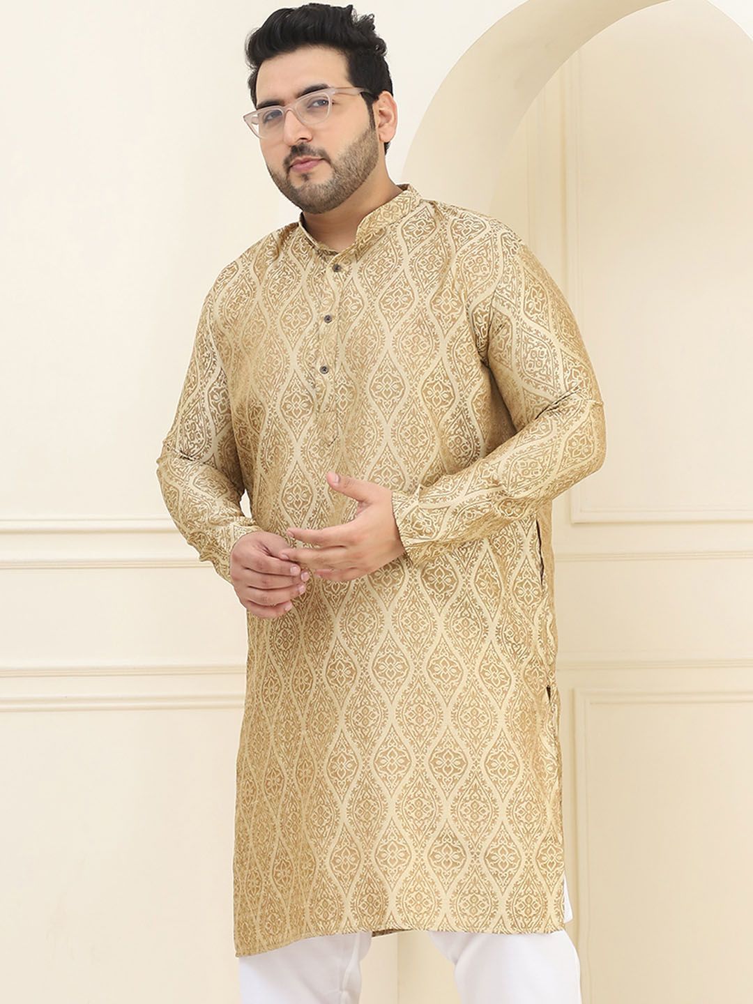 SOJANYA PLUS Ethnic Motifs Woven Design Band Collar Straight Jacquard Kurta