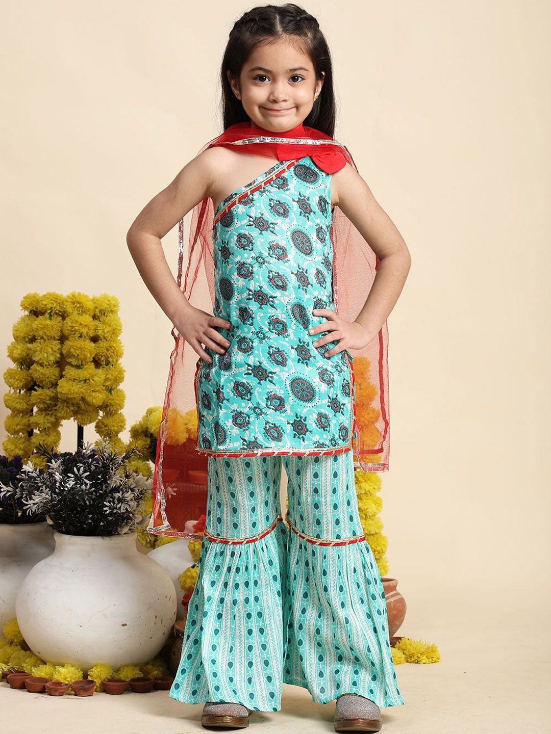 Cutiekins Girls Floral Printed Straight Cotton Kurta With Sharara & Dupatta