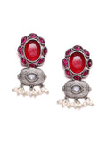 PANASH Silver Plated Cubic Zirconia Studded Oxidized Drop Earrings