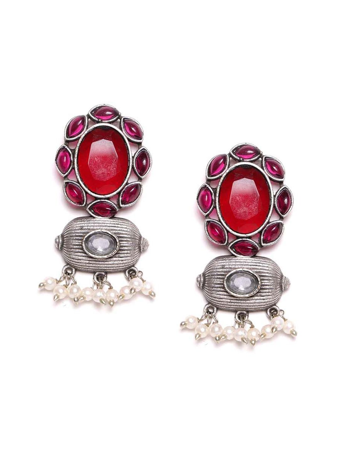 PANASH Silver Plated Cubic Zirconia Studded Oxidized Drop Earrings