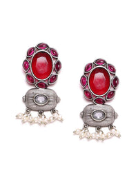 PANASH Silver Plated Cubic Zirconia Studded Oxidized Drop Earrings