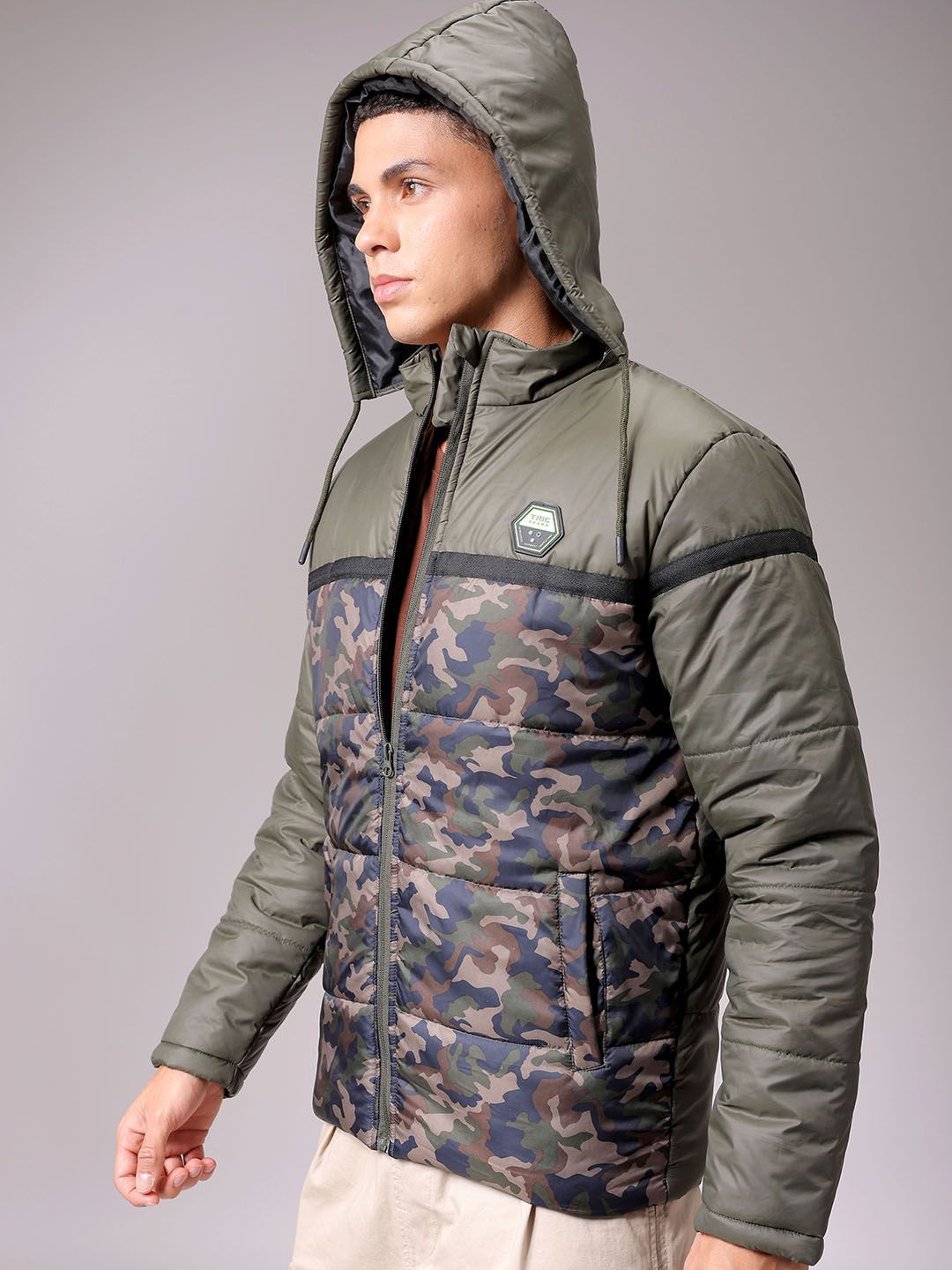 The Indian Garage Co Men Hooded Camouflage Printed Casual Puffer Jacket