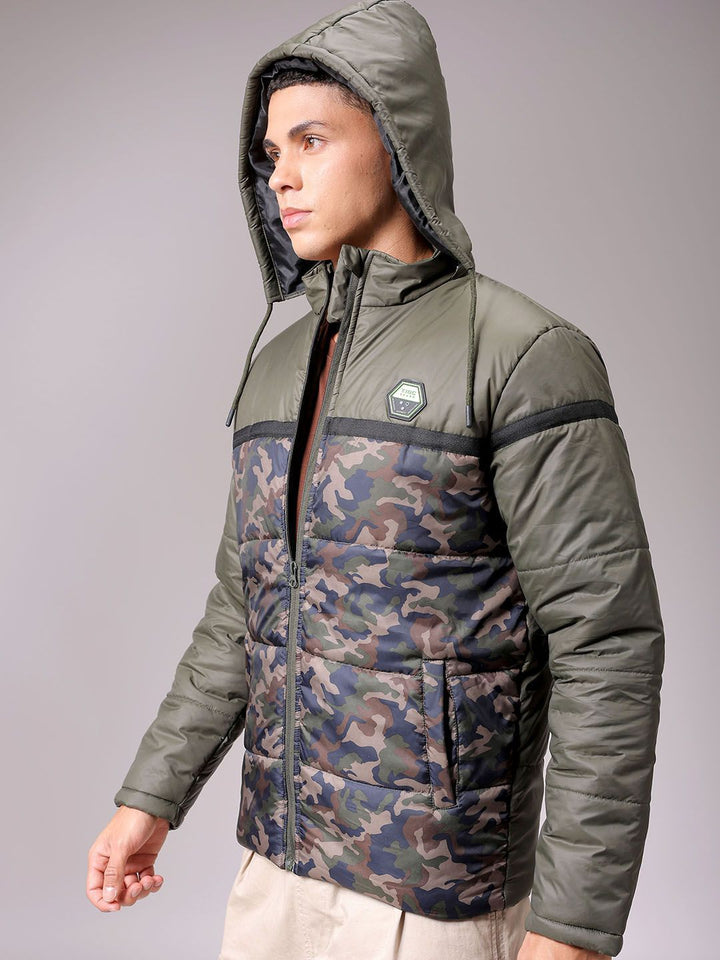 The Indian Garage Co Men Hooded Camouflage Printed Casual Puffer Jacket