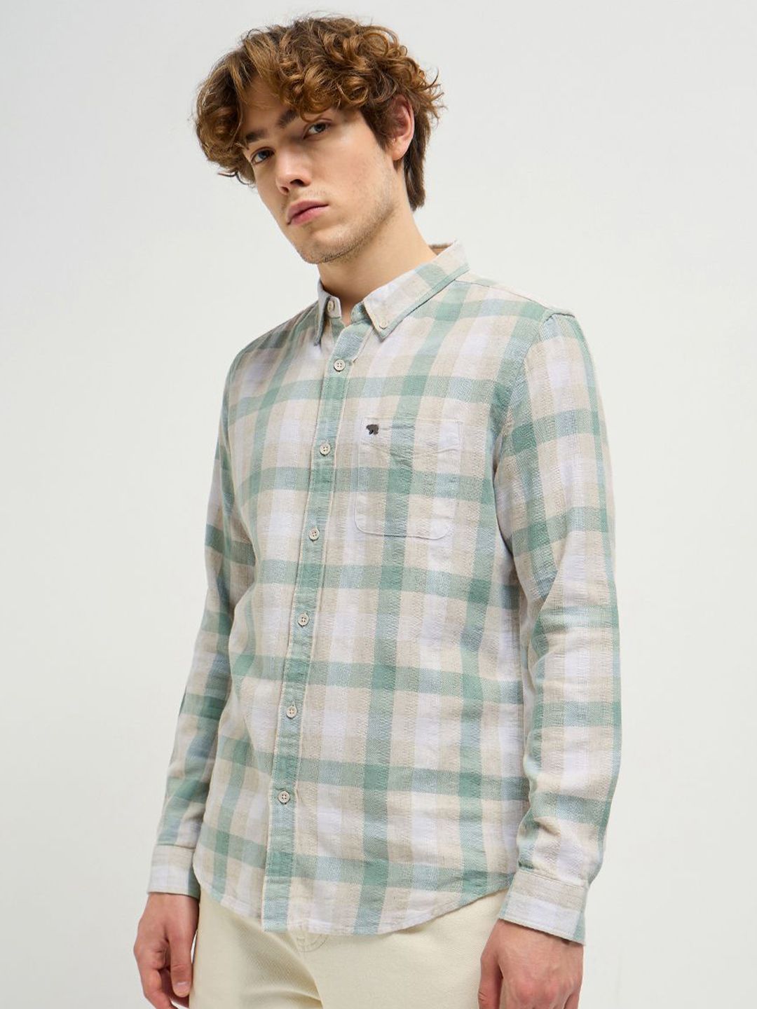 THE BEAR HOUSE Men Button-Down Collar Tartan Checked Cotton Casual Shirt