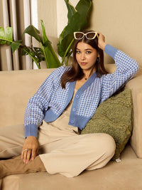 Berrylush Women Checked Crop Front Open Sweater