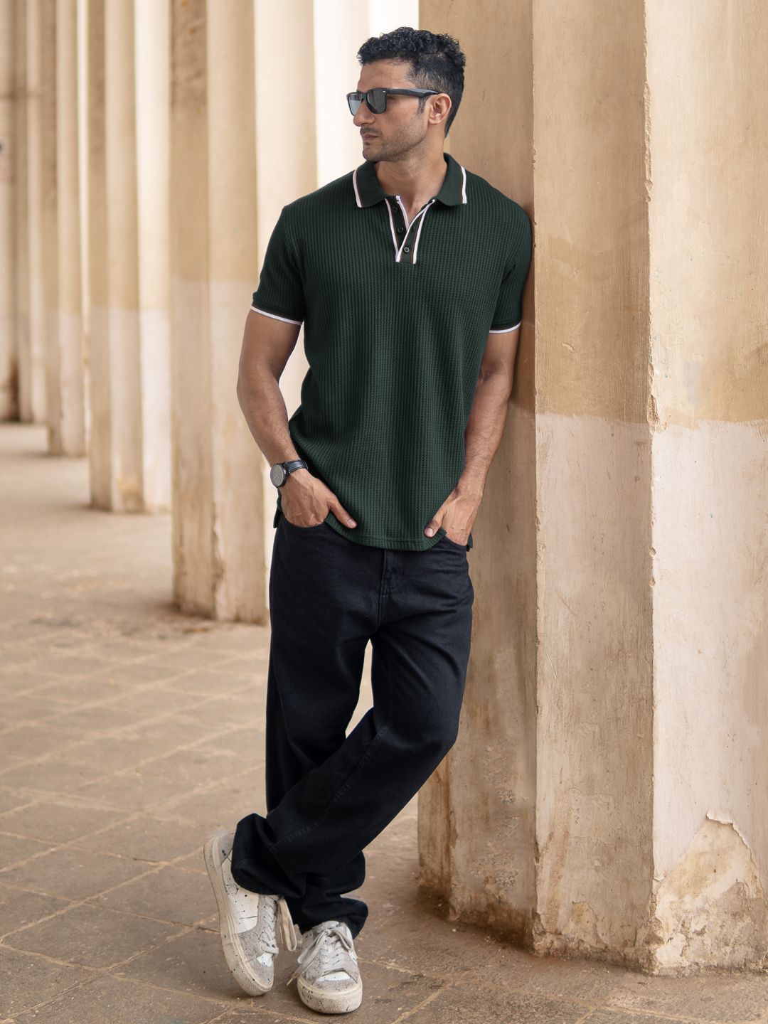 Powerlook Men Green Self Design Structured Polo Collar T-shirt