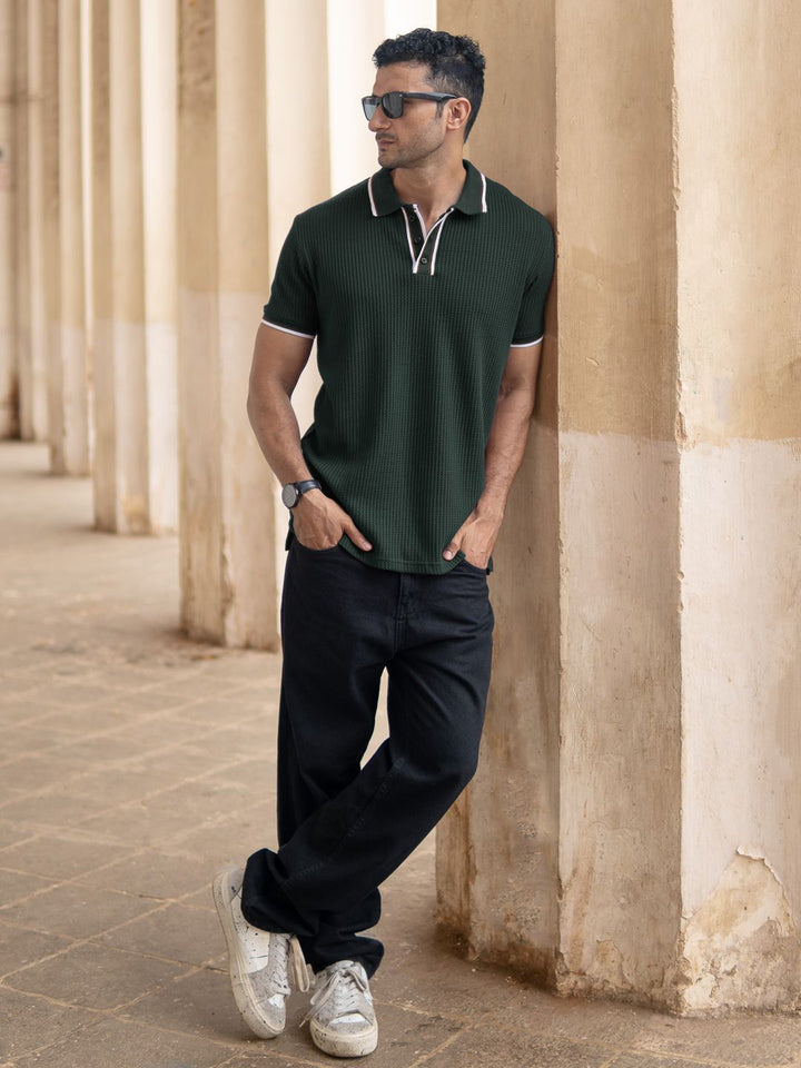 Powerlook Men Green Self Design Structured Polo Collar T-shirt