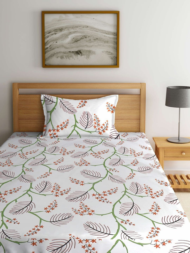 Myntra Elegant Homes White & Green Floral 300 TC Single Bedsheet with 1 Pillow Covers