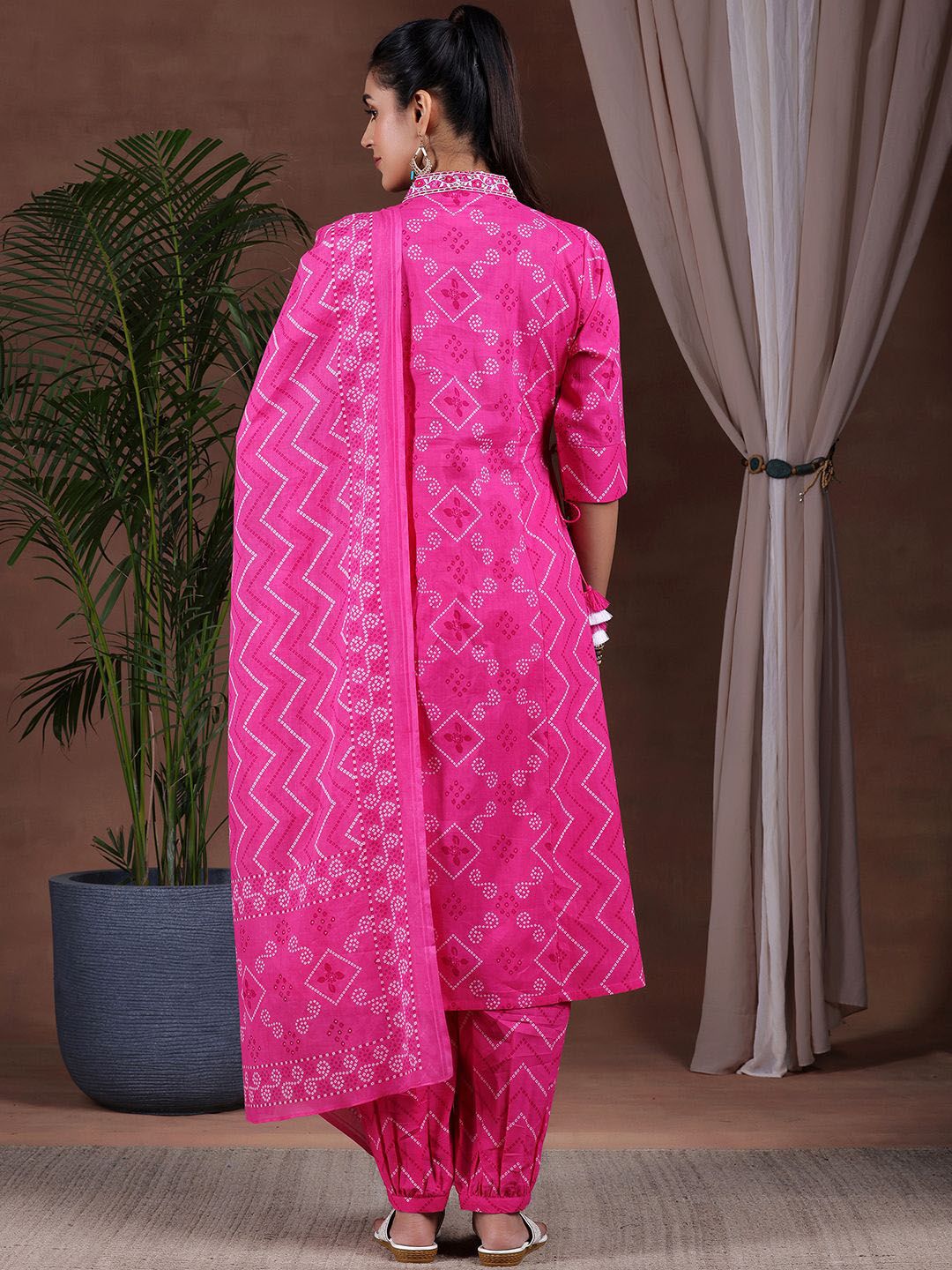 Libas Bandhani Printed V-Neck Pure Cotton A-Line Kurta With Salwar & Dupatta