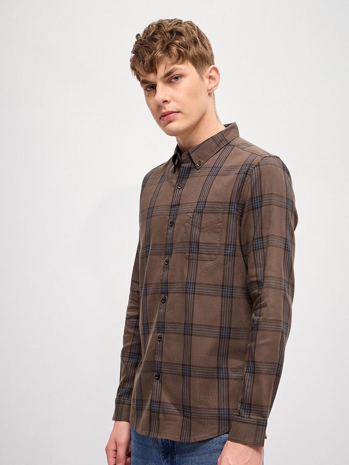 THE BEAR HOUSE Men Button-Down Collar Checked Cotton Slim Fit Casual Shirt