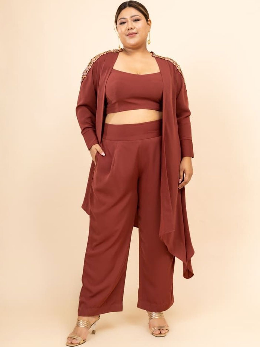 Mamicha Women Self Design Jacket With Crop Top and Trousers Co-Ord Set