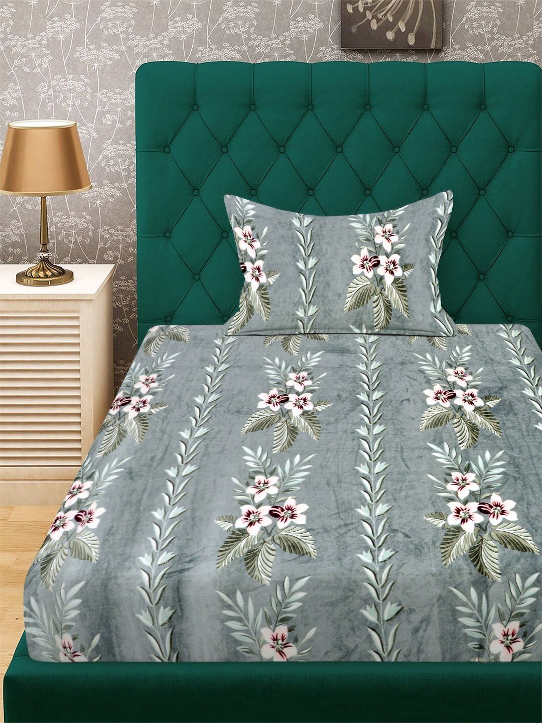 KLOTTHE Green Floral Printed Fitted 300 TC Woolen Single Bedsheet With 1 Pillow Cover