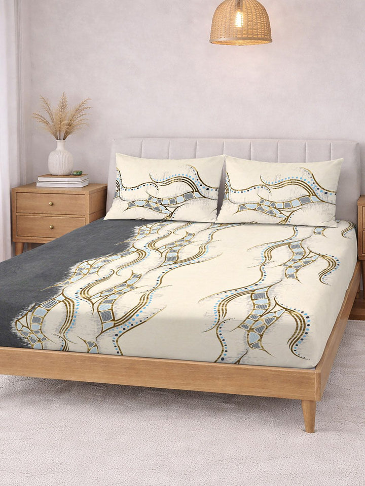 KLOTTHE Cream Color & Blue Printed 300 TC Double Bedsheet & 2 Pillow Covers-2.5 m x 2.25 m