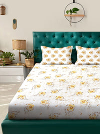 KLOTTHE Yellow Floral Pure Cotton 400 TC King Fine Bedsheet with 2 Pillow Covers-98 x 89 inches