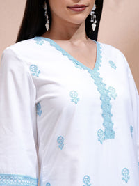 Vishudh White Floral Embroidered V-Neck Three-Quarter Sleeves Regular Straight Kurta