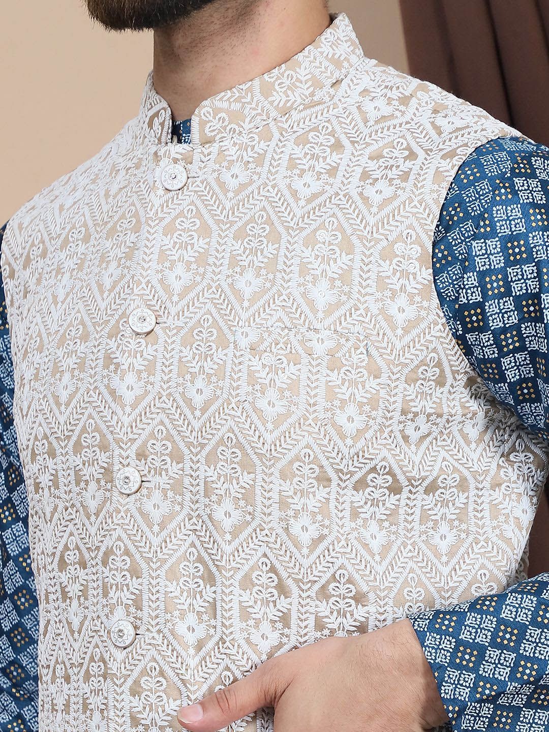 Anouk Teal Blue Ethnic Motifs Woven Design Mandarin Collar Straight Kurta & Nehru Jacket