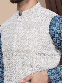 Anouk Teal Blue Ethnic Motifs Woven Design Mandarin Collar Straight Kurta & Nehru Jacket