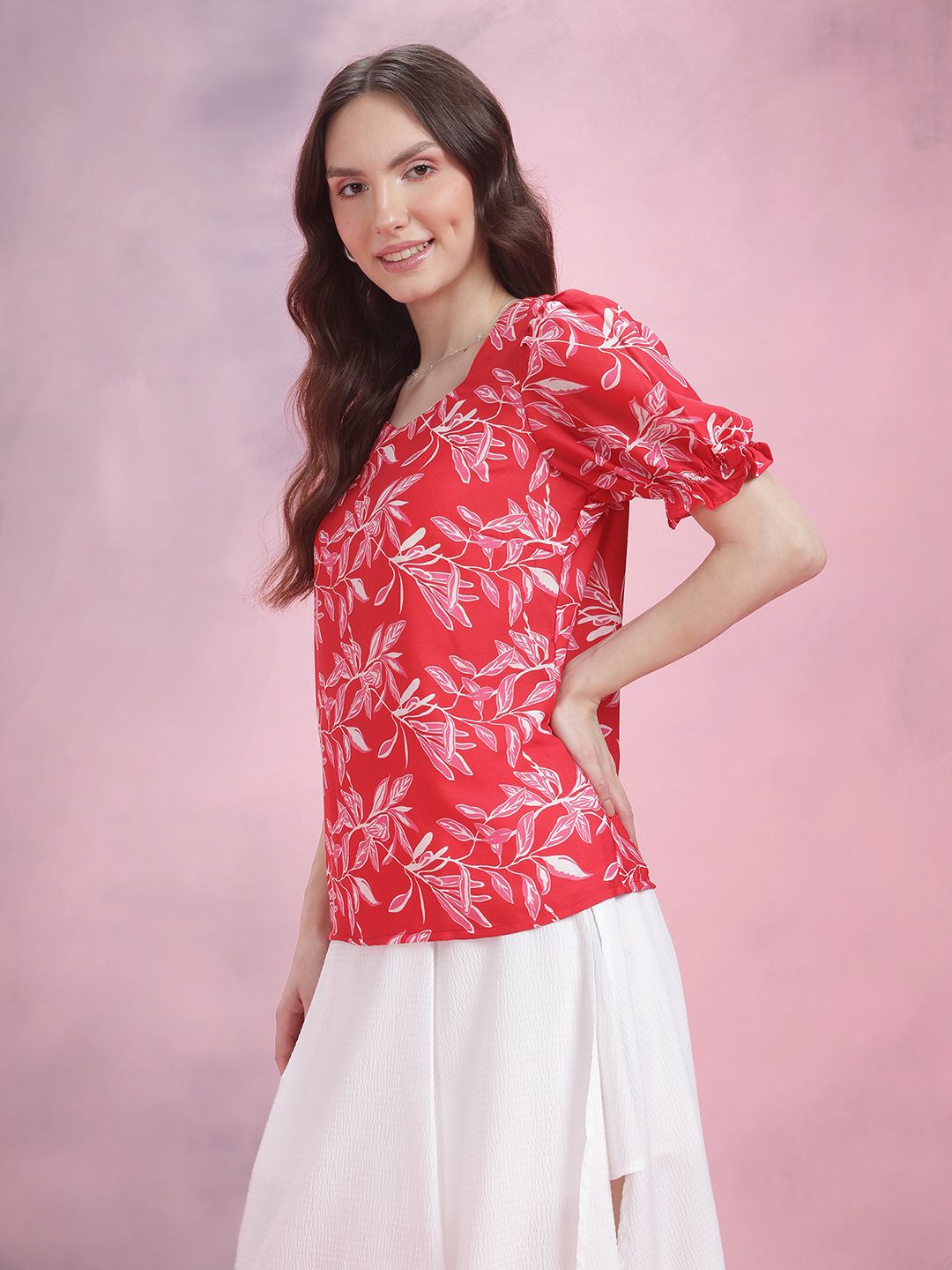 DressBerry Floral Print Sweetheart Neck Puff Sleeve Top