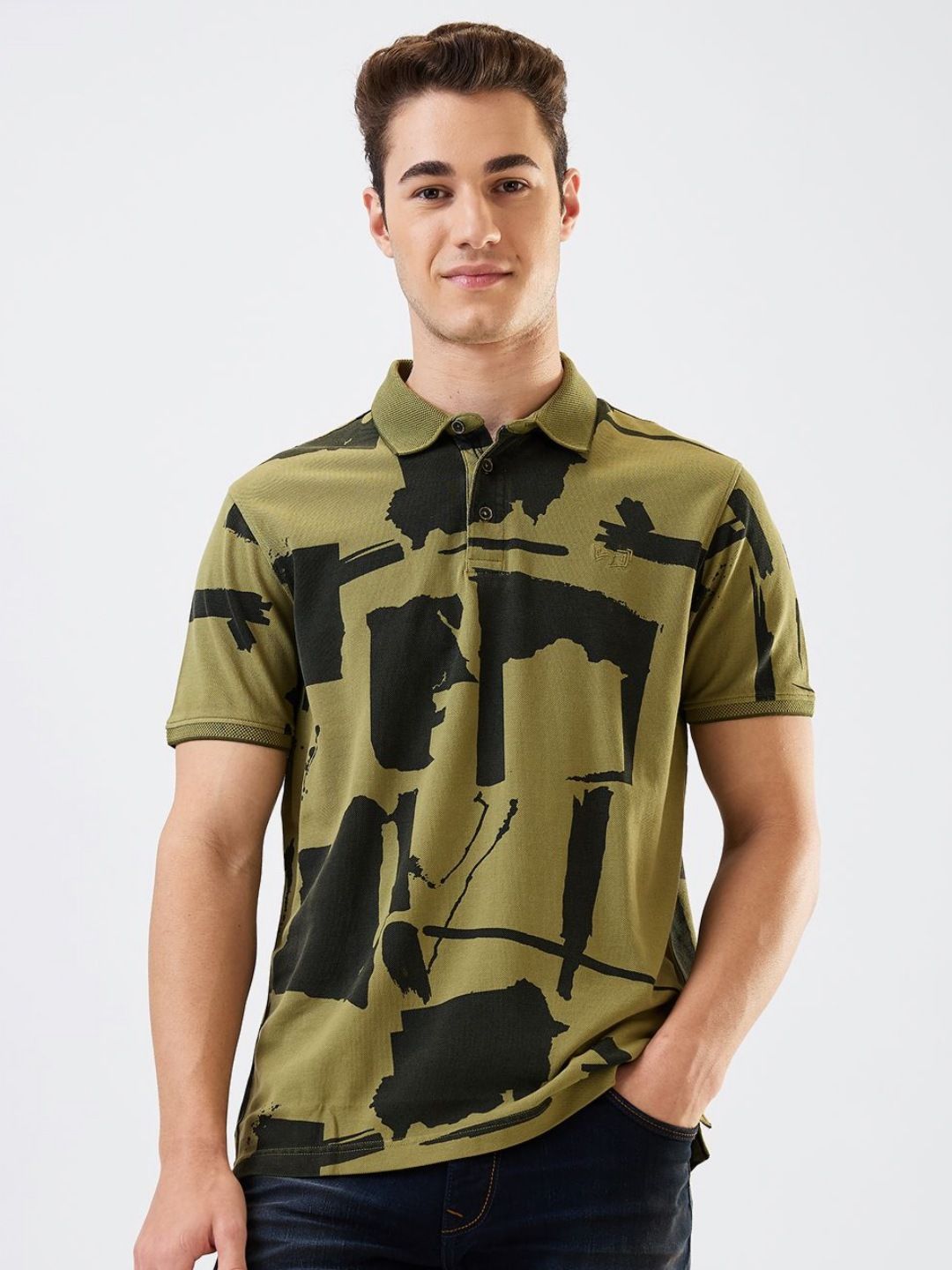 SPYKAR Men Abstract Printed Polo Collar Cotton Slim Fit T-shirt
