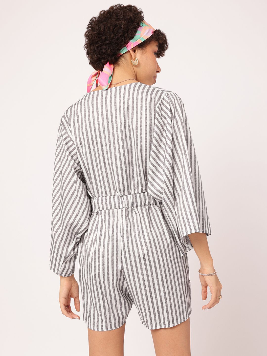 DressBerry Seamlessy Stylish Flared Sleeves Tie-Up Striped Playsuit