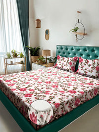 KLOTTHE Cream & Pink Floral Printed Dilengkapi 300 TC King 7D Cadar Dengan 2 Sarung Bantal