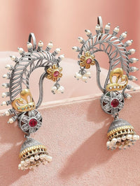 Rubans Rhodium-Plated Stones Studded And Beaded Oxidised Paisley Shaped Ear Cuff