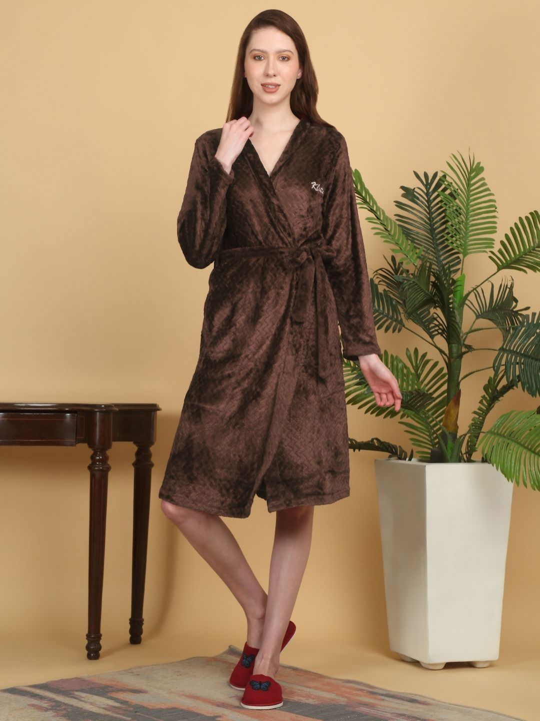 KLOTTHE Self Design Wool Bath Robe With Belt