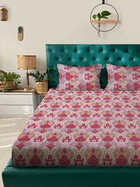 Aura Red & White Ethnic Printed Fitted 300TC King Bedsheet With 2 Pillow Cover