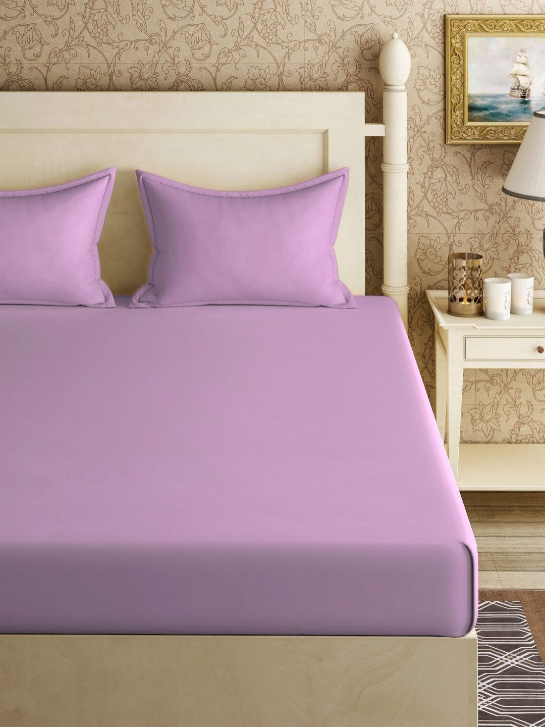 Myntra Elegant Homes Purple Solid 300 TC Fitted King Double Bedsheet with 2 Pillow Covers