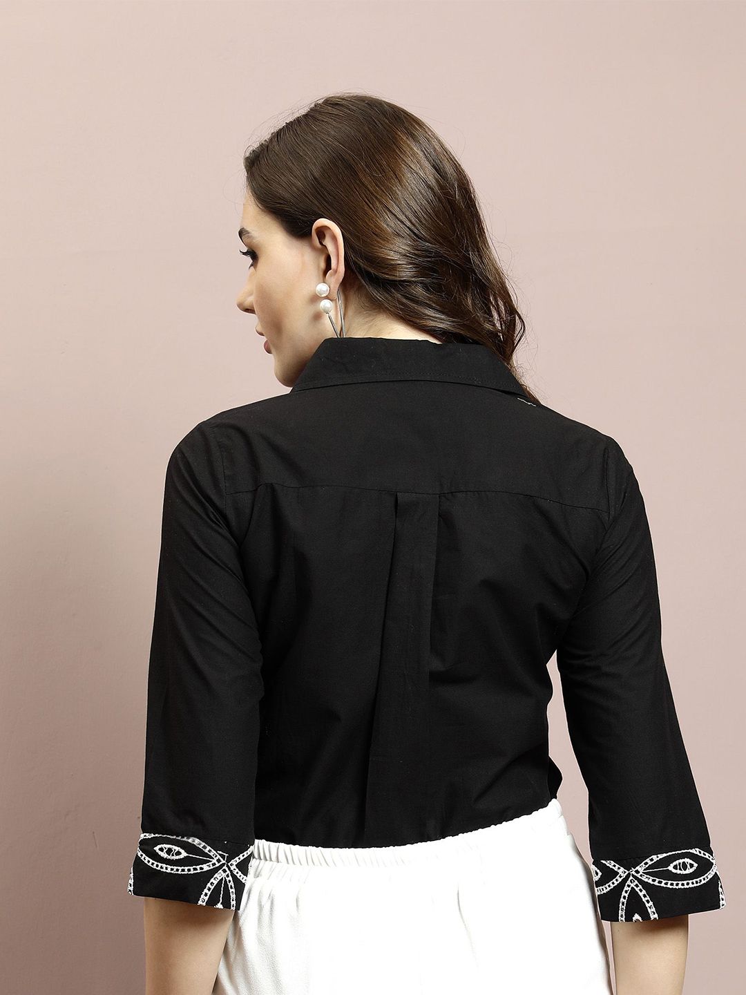 Athena Women Embellished Shirt Collar Cotton Top