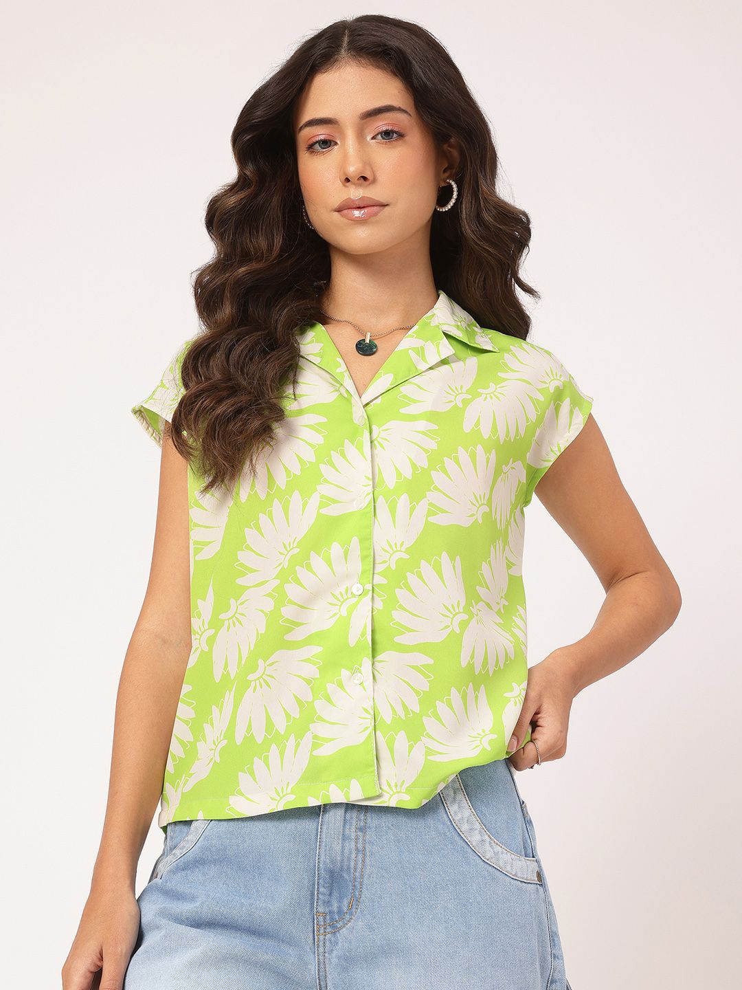 DressBerry Retro Blooms Floral Print Cuban Collar Shirt