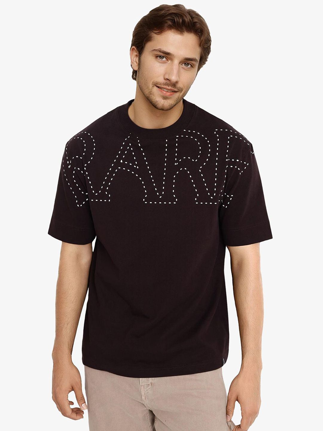 RARE RABBIT Men Typography Printed Round Neck Cotton Oversized T-shirt