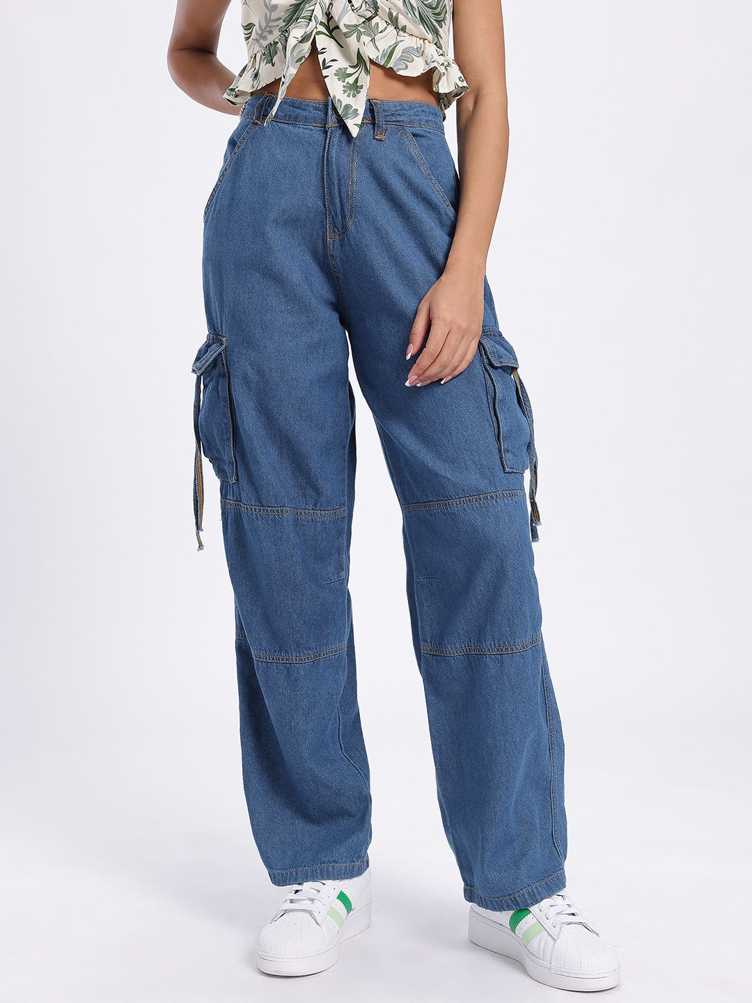 DressBerry Women Panelled Cargo-Style Baggy Jeans