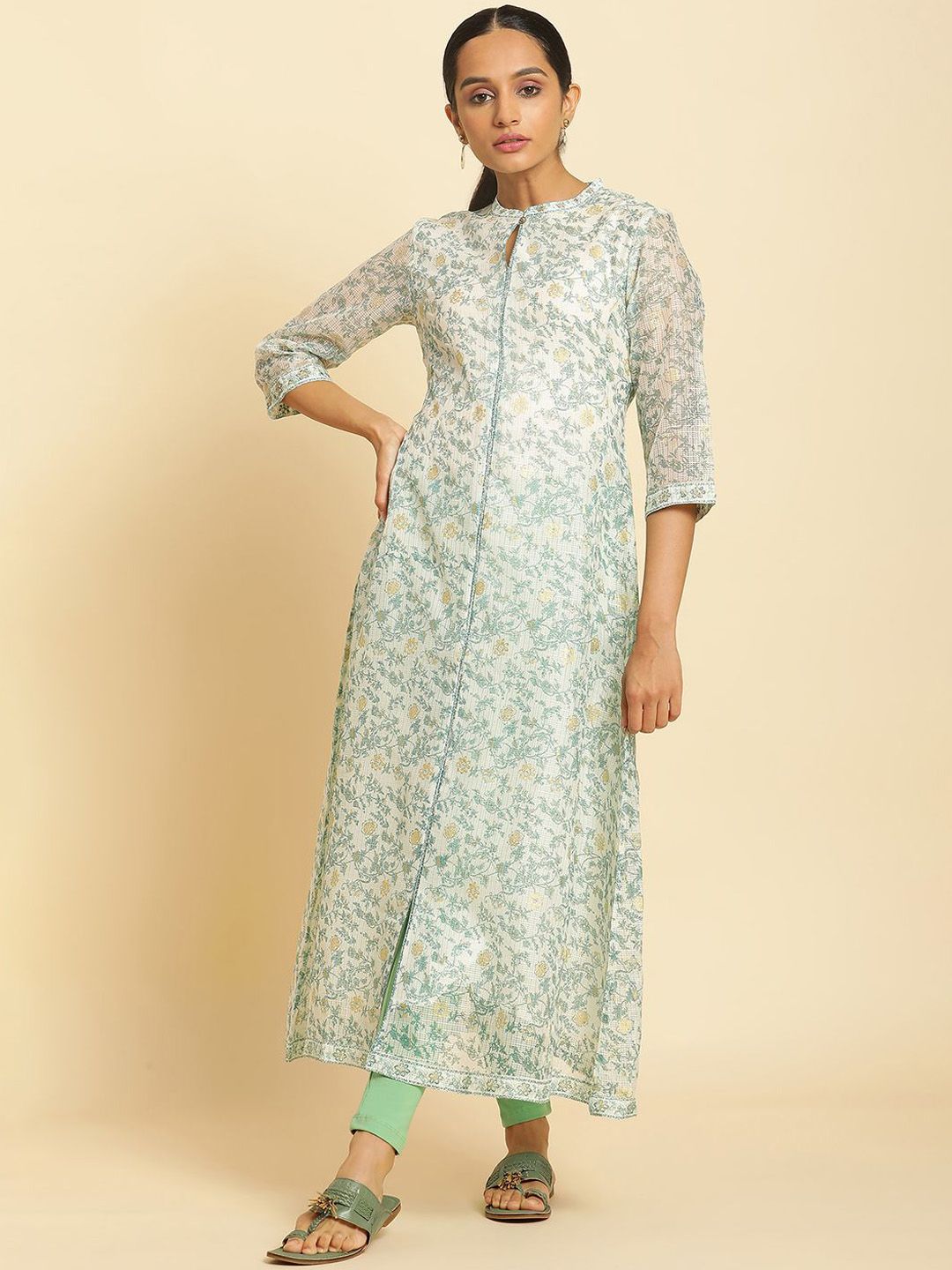 W Floral Printed Mandarin Collar A-Line Kurta