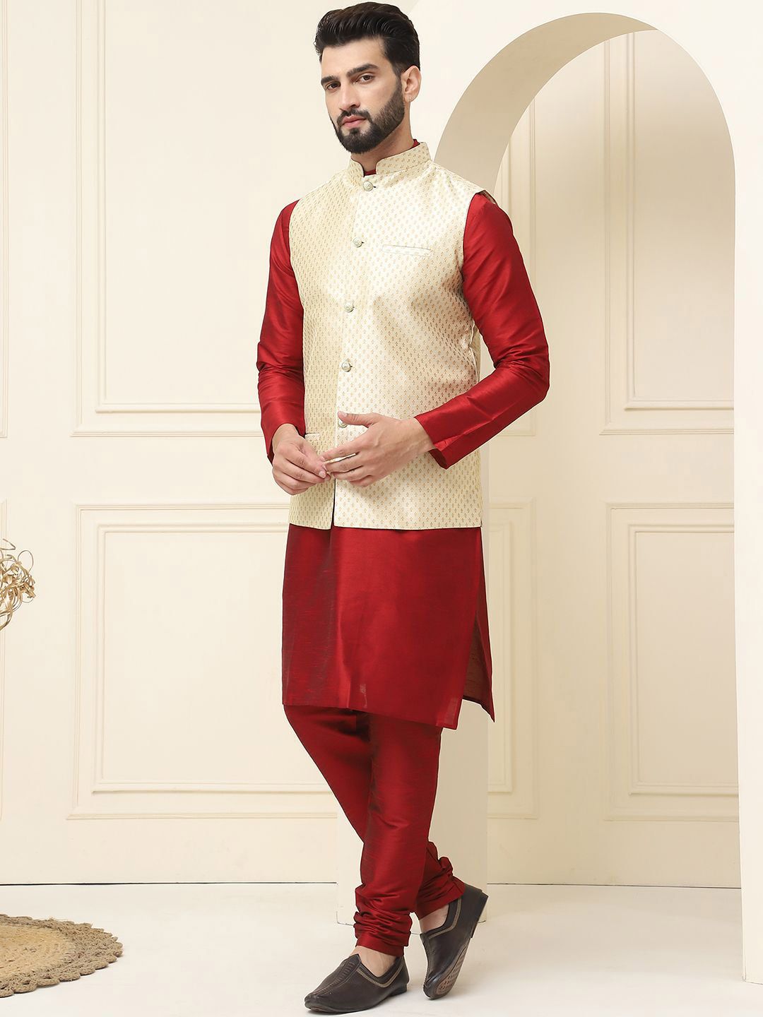 SOJANYA Mandarin Collar Zari Silk Cotton Straight Kurta with Pyjamas & Nehru jacket