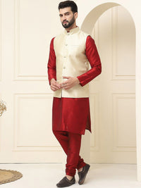 SOJANYA Mandarin Collar Zari Silk Cotton Straight Kurta with Pyjamas & Nehru jacket