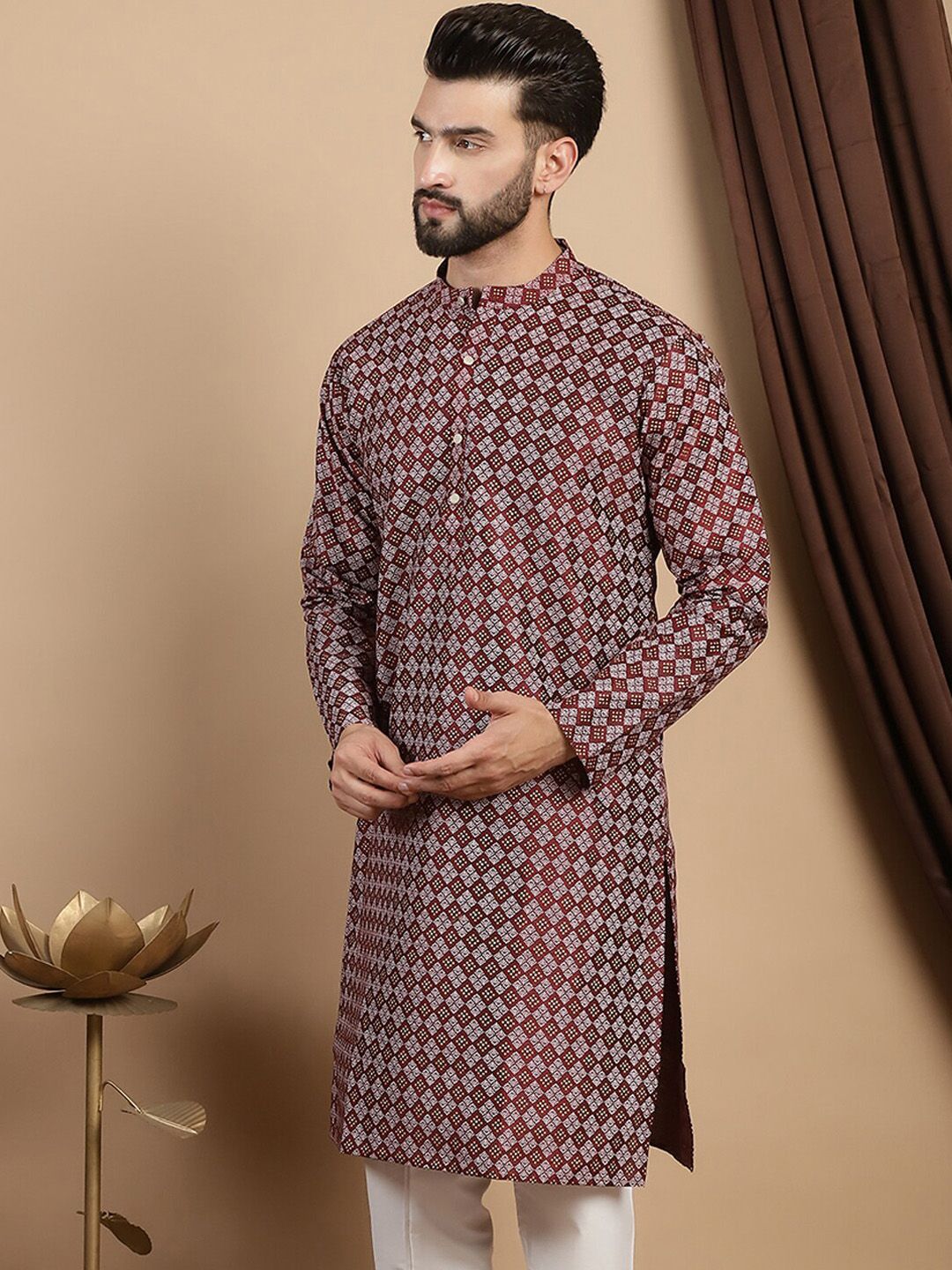 Anouk Geometric Woven Design Mandarin Collar A-Line Kurta