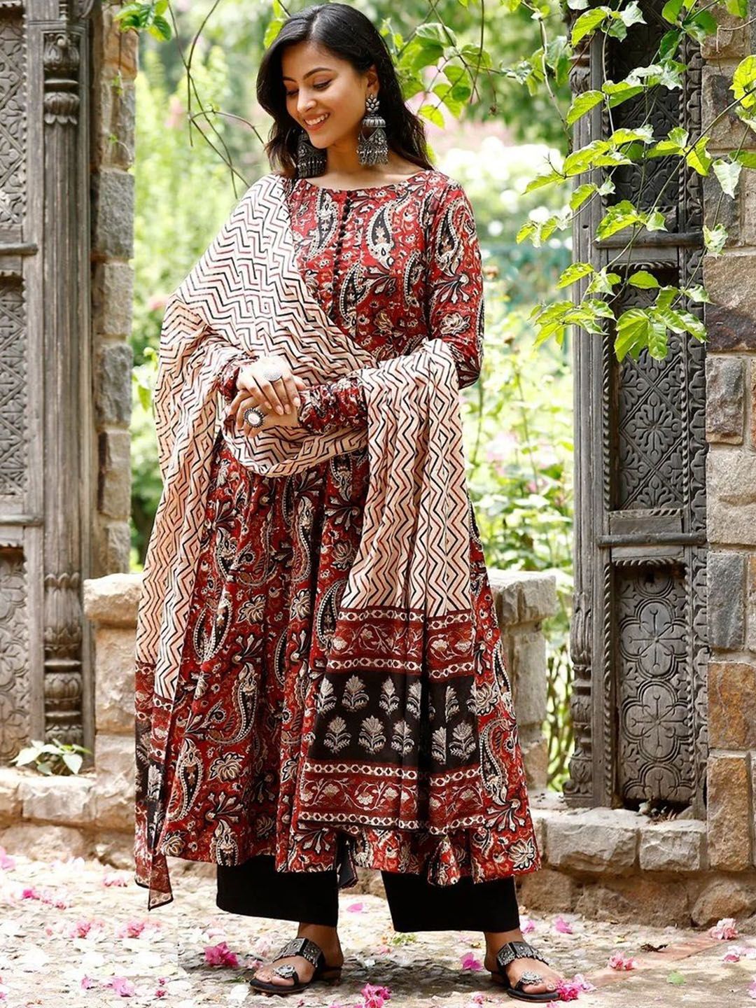 KALINI Floral Printed Round Neck Anarkali Kurta With Trousers & Dupatta